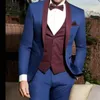 Men's Suits Fashion Shawl Lapel Royal Blue Men Blazer Trousers Wedding Dress Dinner Party Wear Business Suit 3Pcs Jacket Pants Burgundy Vest