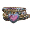Bracelets porte-bonheur pierres de coeur naturelles faites à la main 3 brins Wrap Boho cristal hématite perle mélange femmes Bracelet en cuir