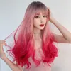 Haar Spitze Perücken Perücke weibliche lange Netz rot Farbverlauf große Welle lockige Mode rosa Kopf Haar Set