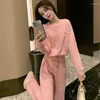 Frauen Zwei Stück Hosen 2023 Herbst Winter Frauen Koreanische Gestrickte Stücke Set Warme O Neck Pullover Pullover Breite Bein anzug R84