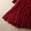 2022 Vestido com painéis de tule redondo de outono Vestido de cor sólido de cor de vinho vermelho / marfim / preto 3D Flores de manga longa vestidos maxi longos S2N032331 Plus Tamanho xxl