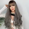 Pelucas sintéticas Peluca de cambio gradual gris Cabello largo para mujer Flequillo ondulado Cabello largo y rizado Cubierta de peluca de fibra química 26 pulgadas