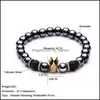 Beaded 8Mm Black Hematite And Volcanic Stone Beaded Men Bracelet For Women Crown Male Hand Chain Bracelets Lovers Fashion Jewelry Dr Dhim7