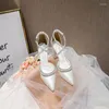 Klädskor kvinnor höga klackar sexiga pumpar bröllop brud pärla strass spetsade tå tjocka högklackade sandaler för våren 2022