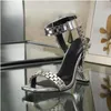 Chain-Link Detailed Ankle Strap Sandals Square head chunky high-heeled fashion 105mm pumps Heel shoe for women Party Evening shoes open toe luxury designers factory