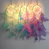 Decorative Figurines Night Light Two Rings Dream Catcher Pendant Feather Crafts Home Ornament LED String