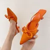 Sandalet 2023 sonbahar moda kadın düşük 3cm yüksek topuklu turuncu bayan zarif yay-düğüm arkası açık iskarpin katır yeşil lüks düğün ayakkabı