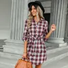 Kvinnor Fall Clothes Designer Dress Autumn Single Breasted Fashion Plaid slips midja Bodycon långärmad skjorta klänningar