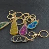 Złote Key Pierścienie DIY Naturalny Druzy Agat Surowy kamień uzdrawianie kryształowa torba na brelokę wisi dla kobiet mężczyzn biżuteria mody