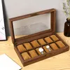 Watch Boxes High-end Box Wholesale Transparent Glass Display Wood Grain Leather 3/6/10/12 Mesh Gift Watches