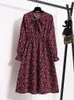 Vintage Çiçekli Baskılı Gömlek Kadın İlkbahar Sonbahar Elbise Kore Tarzı Uzun Kollu Zarif Yay Midi Yaz Vestidos