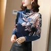 Chemisiers pour femmes automne hiver or velours chemise à fond col roulé fleur haut imprimé à manches longues femmes Blouse Blusa Feminina