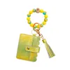 Luminous Silicone Beaded Keychain PU Leather Tassel Card Bag Wrist Keychain Creative Christmas Gift Keyring Key Chain