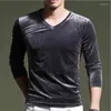 Men's T Shirts 2022 Arrival Autumn Men Fashion T-Shirts V-neck Velour Long Sleeves Tops Solid Winter Velvet Mens T-shirt Plus Size 6XL 7XL