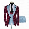 Men's Suits Slim Fit Red Dragon Floral Wedding Suit For Men 2022 3 Piece Navy Blue Jacquard Blazer Sets Luxury Costume Homme Mariage Tuxedos