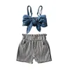 Clothing Sets Kid Girl Summer Outfits Sleeveless Solid Color Pleated Sling Short Tops Stripe Printed Side Pockets Shorts 2 Pieces Set