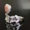 Ringos de cluster fofo bling rosa coração de pedra prata cor ajustável anel de folha para mulheres noivado de casamento de jóias de moda 2022 tendência