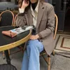 女性のスーツヴィンテージの女性ブレザーハウンドトゥース格子縞の長袖コート2022秋のエレガントシックなカーディガンルーズスーツジャケット女性ワークウェア