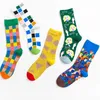 Çoraplar Çorap Yeni Pamuk Komik Çift Harajuku Yaratıcı Ekose Heads Karikatür Kadın Erkek Erkekler Günlük Midi Tüp Mutlu Kalsetinler T221102