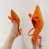 Sandalet 2023 sonbahar moda kadın düşük 3cm yüksek topuklu turuncu bayan zarif yay-düğüm arkası açık iskarpin katır yeşil lüks düğün ayakkabı