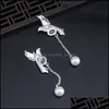 Stud Stud 925 Sier Personality Bird Earrings Girls Retro National Style Nephrite Shell Pearl Lovely Animal Jewelry Drop Delivery Dhew5