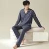 M￤ns Sleepwear Spring och Autumn Men's Pyjamas Bomull L￥ng￤rmad byxor Youth Lapel Solid Color L￶st montering Hemslitage Casual Suit