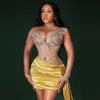 Gouden sexy Arabisch Aso Ebi Korte avondjurken prachtige kanten appliques kralen Kijken door formele feestnachtjurken met lange mouwen peplum mini -jurk nigeria CL1370