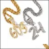 Anhänger Halsketten Mode Personalisierte 18 Karat Gold Bling Diamant Kursive 09 Digitale Zahlen Anhänger Halskette Benutzerdefinierte Sportnummer DIY J Dhuzp