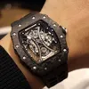Luksusowy męski zegarek mechaniczny beczka na wino Richa Milles Rm53-01 w pełni automatyczny zegarek z włókna węglowego czarna taśma męski zegarek szwajcarski