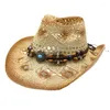 Beretten 28TF unisex haak Anti-UV cowboy hoed zonbescherming feest jazz met turquoise decor top grote rand
