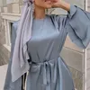 Ethnic Clothing 2022 Ramadan Eid Women Maxi Dress Double Layer Flare Long Sleeve Abaya Muslim Kaftan Belted Solid Color Satin Robe Party