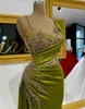 2023 Olive Green Satin Mermaid Prom Dresses Gorgeous Arabic Aso Ebi Crystals Beading Ruched Evening Gowns Ruched Sexy Split Second4721347