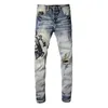 Denim Jeans Biker Fit Uomo Distressed Slim-Fit Baffo Effetto Sbiadito Paint Wash da uomo