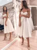 Sexy Short Satin Wedding Dresses A-line Off the Shoulder Pearls Ruched Corset Wedding Dress Tea Length Robe De Mariee Formal