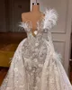 Eleganta prom klänningar sjöjungfru unika deisign v-hals en axel en ärmpärlor med fjäder med fjäder tyllfläck borttagbar domstol klänning skräddarsydda plus size robes