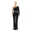 Women's Casual 2 Piece Pants Long Sleeve Stripe Crewneck One Off Shoulder Pullover Tops And High Waist Pants Sportsuit Activewear