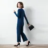 Kvinnors tv￥stycksbyxor 2022 Autumn Winter Women Classy Chic Knitted Top and Pant 2st Suit Set Grey Black Navy Blue Pullover Trouser