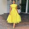 Yellow Midi Formal Prom Dresses A Line Off The Shoulder Evening Gowns Tea-Length Women Saudi Arabia Homecoming