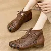 Sandals Hollow Short Boots Retro Women's Shoes Summer Cool Flats National Style Middle Aged Mother's Soft Leather Hole