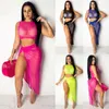 Werkjurken Women Set Beachwear Perspectief Sheer Mouwess Crop Tops Hoge gesplitste rok Knoop Gedrapeerde wrap 2 PCS Sets Vakantie Beach Swimwear