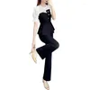 Women's Two Piece Pants Women 2-Piece Set 2022 Female Summer Lady Chiffon Stitching Tops Wide Leg Two-Piece Suit Short Sleeve 3XL