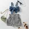 Clothing Sets Kid Girl Summer Outfits Sleeveless Solid Color Pleated Sling Short Tops Stripe Printed Side Pockets Shorts 2 Pieces Set