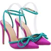 Sandaler Nya kvinnor Sandaler blandade färger Butterfly-Knot Point Toe Satin Ankle Strap Thin High Heels Party Prom Shoes L221107
