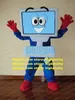 Levendige blauwe laptopcomputer mascotte kostuum mascotte volwassen elektron hersennetboek met grote ogen glimlachend gezicht nr. 573