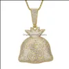 Collane con ciondolo Bling Segno di dollaro in oro 18 carati Borsa per soldi Collana Set di gioielli Cubic Zirconia Diamante Collane Hip Hop Portafoglio Ciondolo Dh9Kl