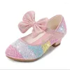 Flat Shoes Girls Crystal Sequin Princess Kids блеск высокой каблуки бабочка-бабочка с твердым цветом ремешок лодыжки Мэри Джейн 26-38