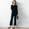 Kvinnors tv￥stycksbyxor 2022 Autumn Winter Women Classy Chic Knitted Top and Pant 2st Suit Set Grey Black Navy Blue Pullover Trouser