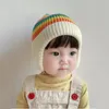 Varma barn Cap Winter Hooded Rainbow Colors Sticked Beanies With Ears Protection Söta babyskalle Caps