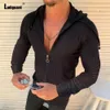 M￤ns casual skjortor Ladiguard Trend Hoodie Shirt Patchwork Zipper Men Summer Plaid Top Solid White Blouse Mens Open Stitch Thin Clothes 221105