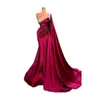 2023 Evening Dresses dark fuchsia Arabic sheer Long One Shoulder Beaded crystal Pleats Mermaid Satin Formal Prom Gown Party Dress abendkleider GB0902
